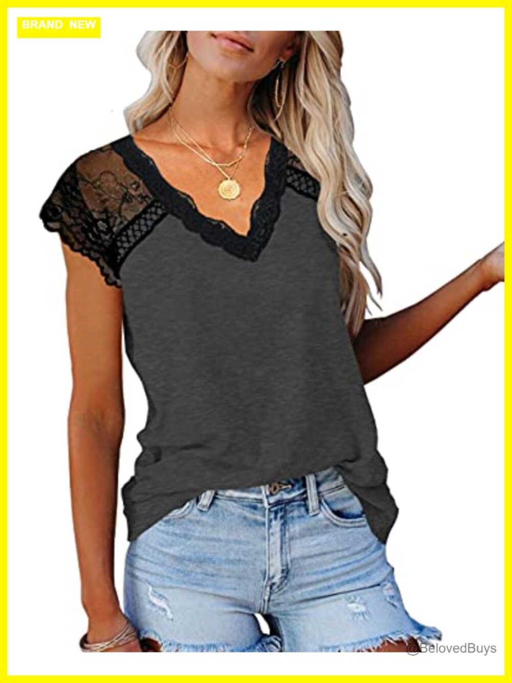 Crochet Lace V-Neck Short Sleeve Loose Tunic Tank Top